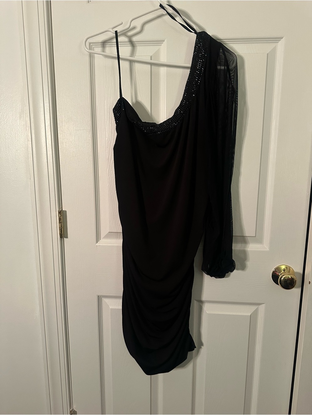 Libian Black One-Shoulder Draped Evening Dress with Sheer Sleeve